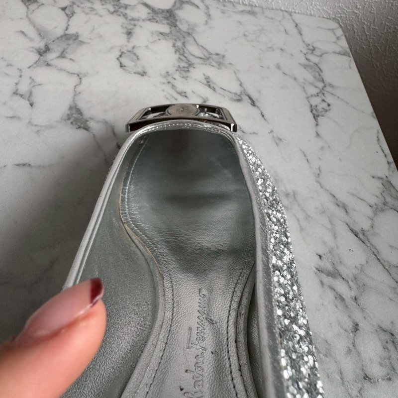 🎉大尺碼女性福音 FERRAGAMO 銀色亮鑽低跟鞋 娃娃鞋-11
