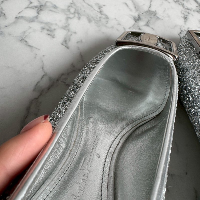 🎉大尺碼女性福音 FERRAGAMO 銀色亮鑽低跟鞋 娃娃鞋-12