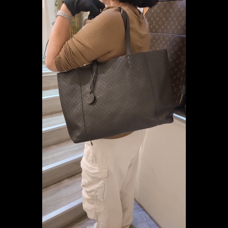 BV 深咖皮壓紋編織購物包 TOTE-1