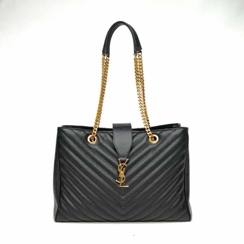 SAINT LAURENT 黑色荔枝牛皮金扣V紋信封單肩托特包-0