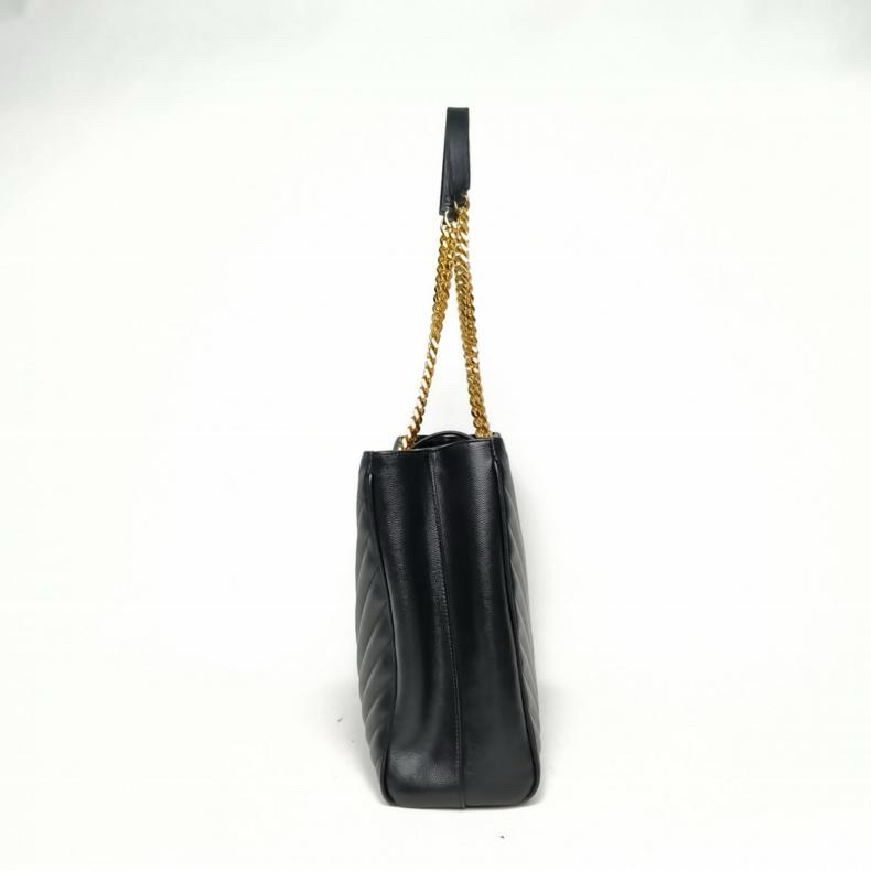 SAINT LAURENT 黑色荔枝牛皮金扣V紋信封單肩托特包-1