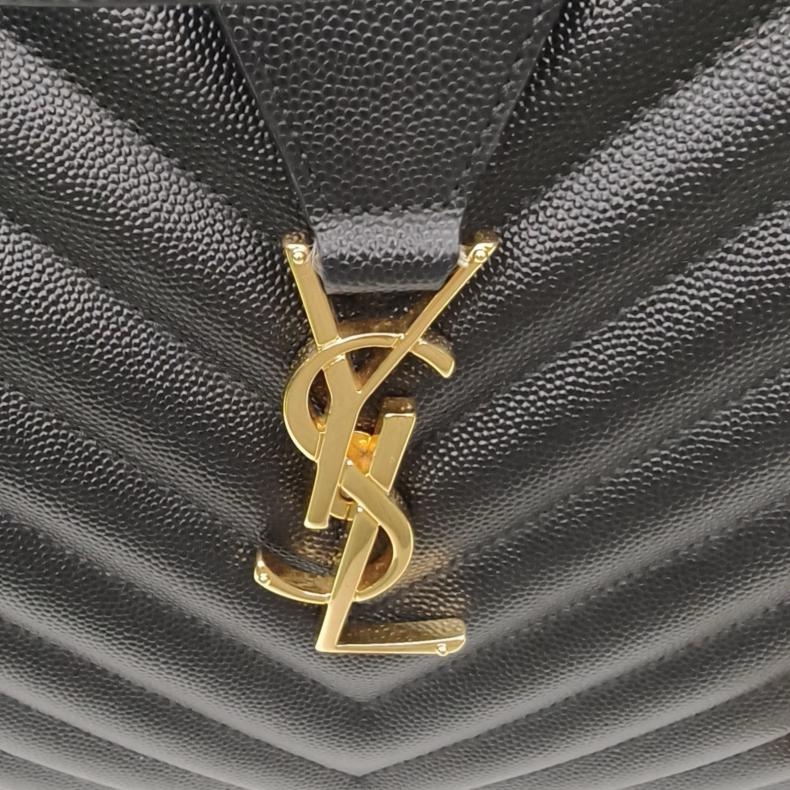 SAINT LAURENT 黑色荔枝牛皮金扣V紋信封單肩托特包-4