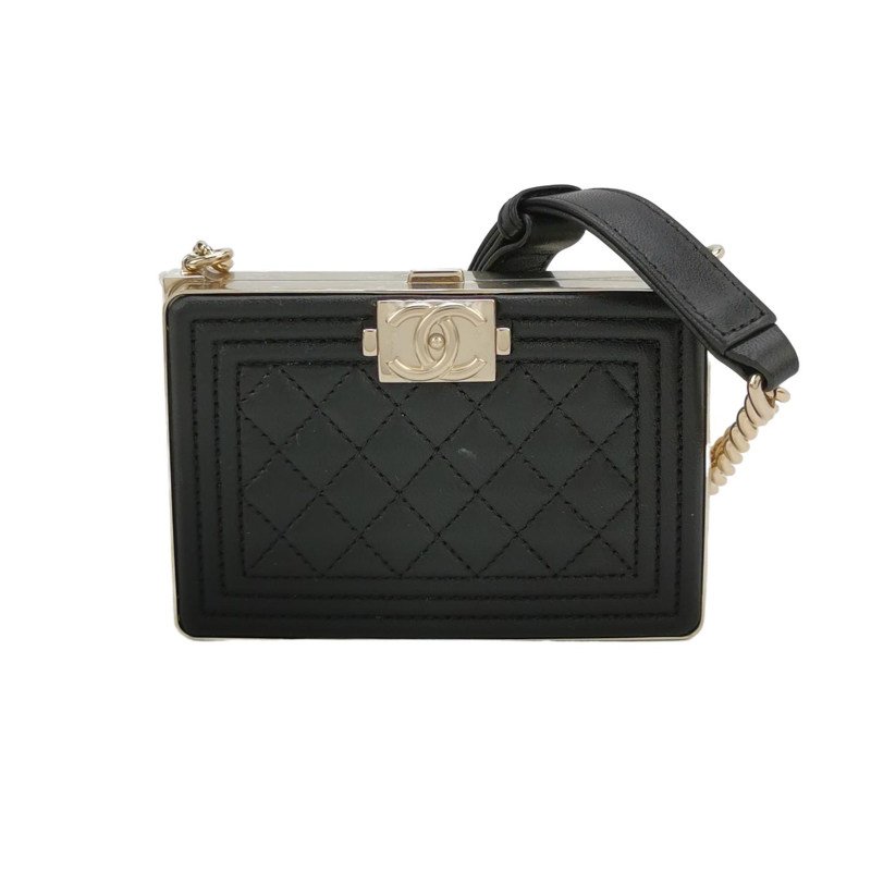 Chanel Boy Bag羊皮純色方形雙C鎖扣斜挎包單肩包 9.8新-0