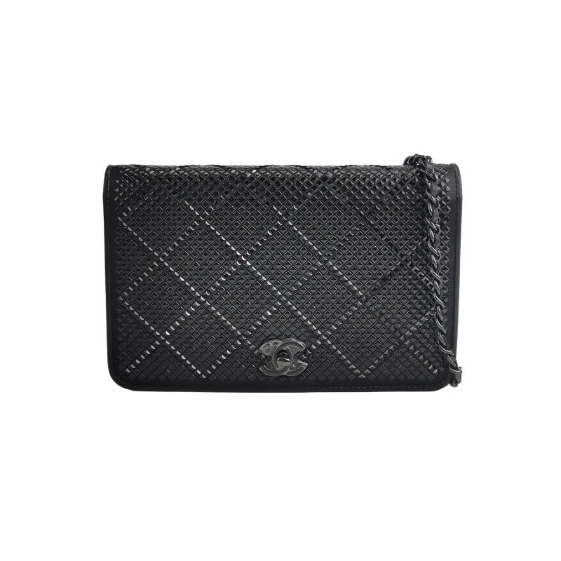 Chanel牛皮緞面純色水鑽裝飾雙C標識斜挎包單肩包 晶片款 9.8新-0