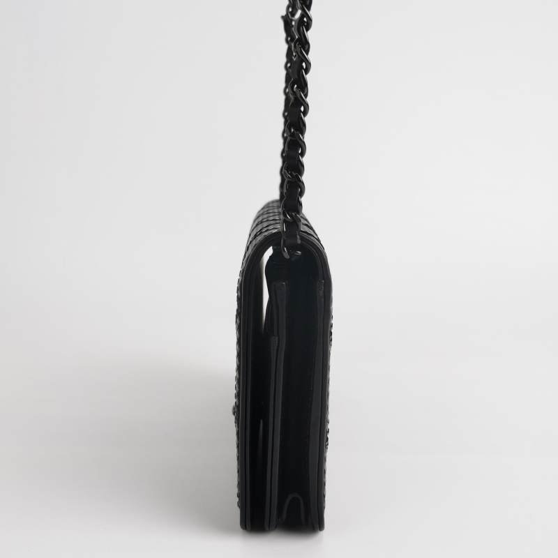 Chanel牛皮緞面純色水鑽裝飾雙C標識斜挎包單肩包 晶片款 9.8新-2