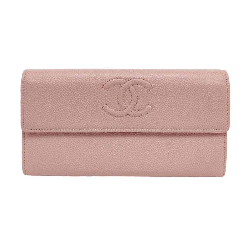 CHANEL粉色荔枝紋牛皮絎縫錢包銀色五金14開 9.8新-0