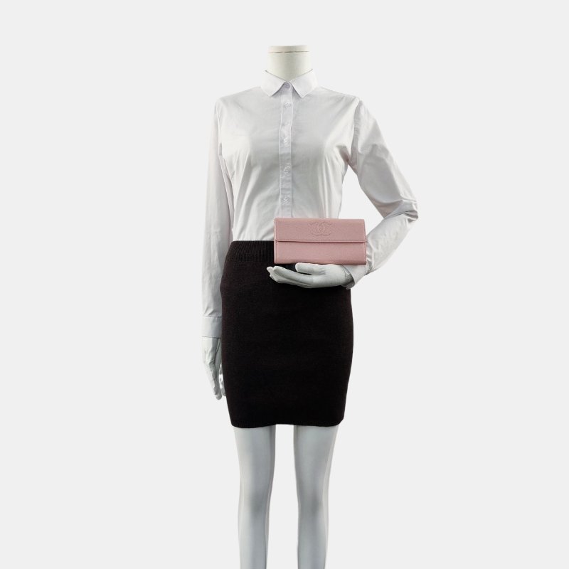 CHANEL粉色荔枝紋牛皮絎縫錢包銀色五金14開 9.8新-1