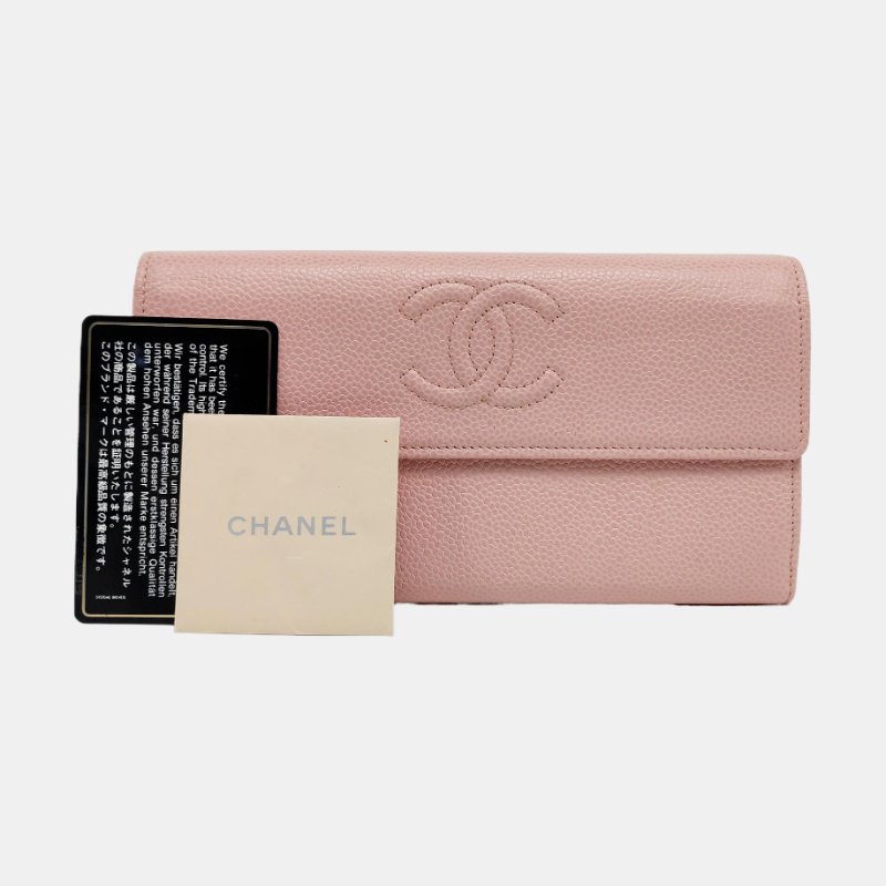 CHANEL粉色荔枝紋牛皮絎縫錢包銀色五金14開 9.8新-7