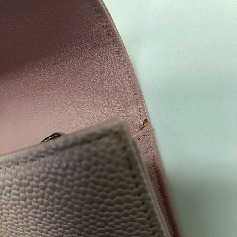 CHANEL粉色荔枝紋牛皮絎縫錢包銀色五金14開 9.8新-8