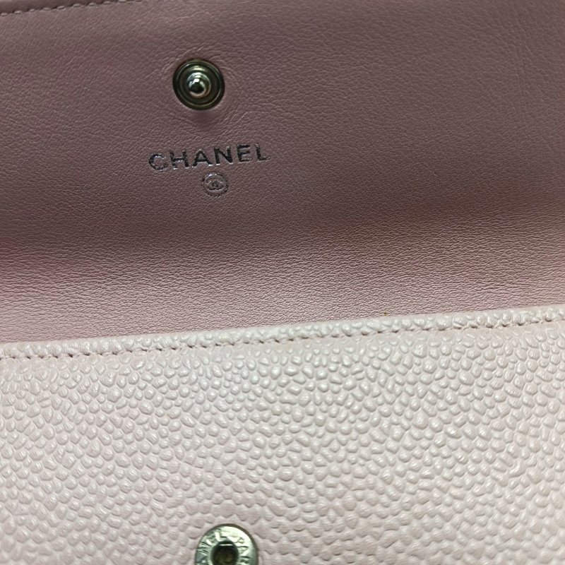 CHANEL粉色荔枝紋牛皮絎縫錢包銀色五金14開 9.8新-9