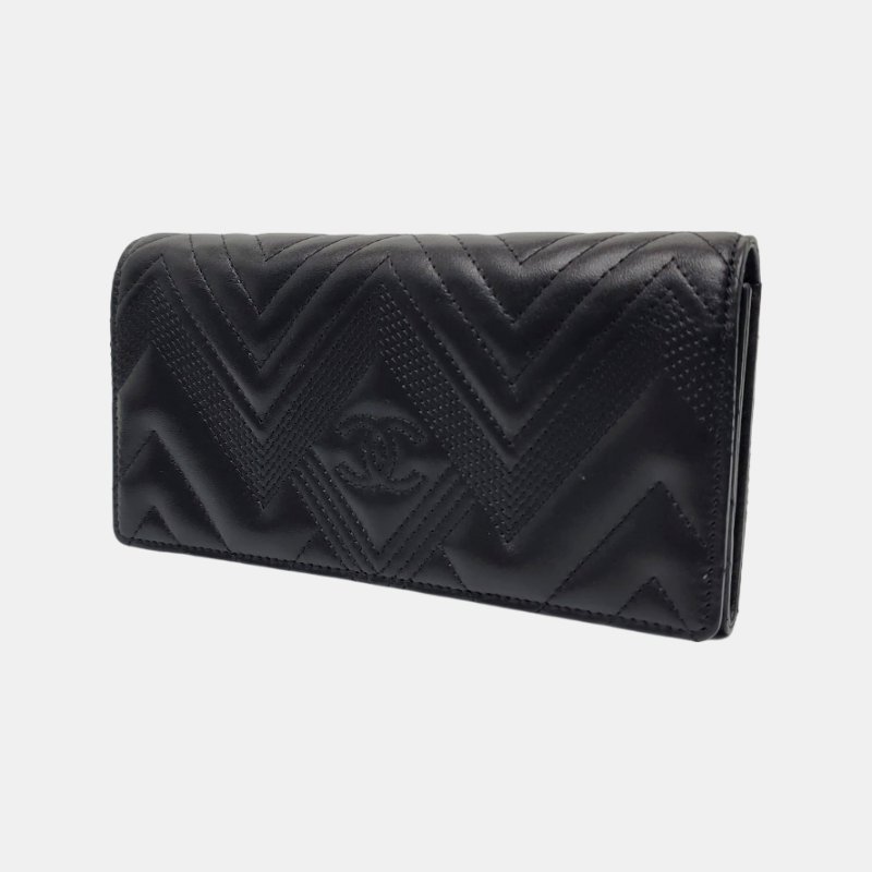 CHANEL 黑色羊皮菱格紋絎縫錢包 銀色五金 22開 配件齊全 9.9新-2