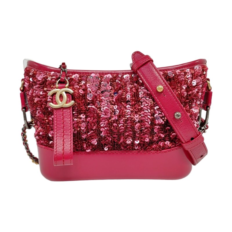 CHANEL GABRIELLE 小號粉紅色亮片拼貼單肩包 金色銀色五金 26開 可拆卸肩帶 9.8新-0