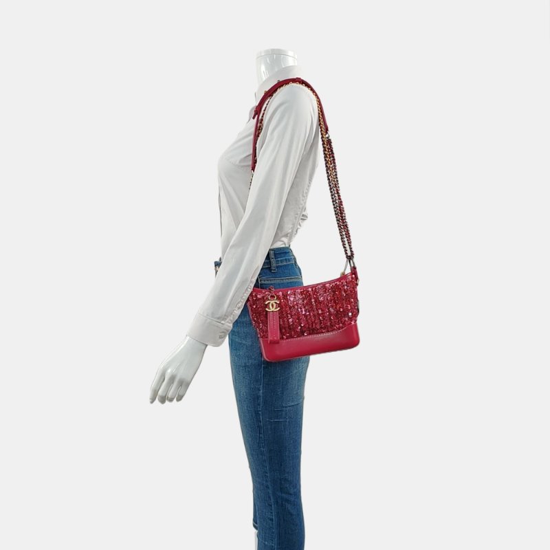 CHANEL GABRIELLE 小號粉紅色亮片拼貼單肩包 金色銀色五金 26開 可拆卸肩帶 9.8新-1