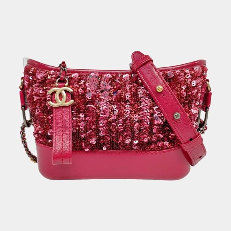 CHANEL GABRIELLE 小號粉紅色亮片拼貼單肩包 金色銀色五金 26開 可拆卸肩帶 9.8新-7