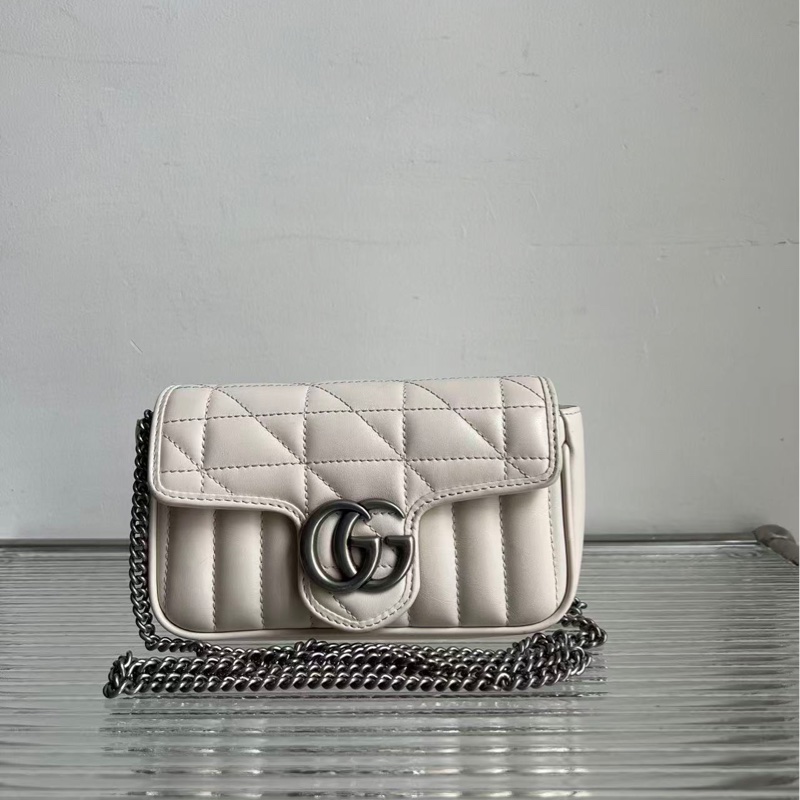 🔥新到:Gucci / 古馳 迷你馬蒙 Marmont 白色新豎條斜紋鏈條 尺寸:16.5*10*4.5-1