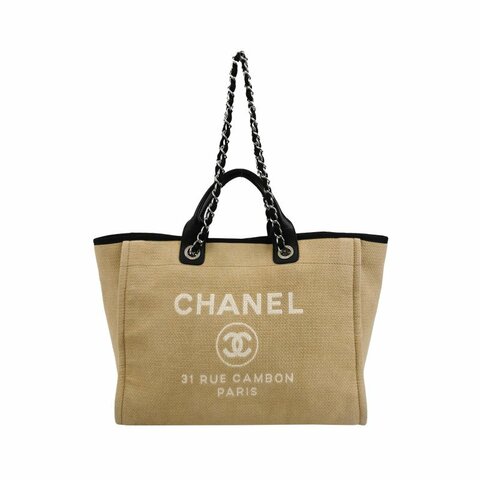 Chanel Deauville沙灘包大號牛皮帆布拼色大Logo字母單肩包