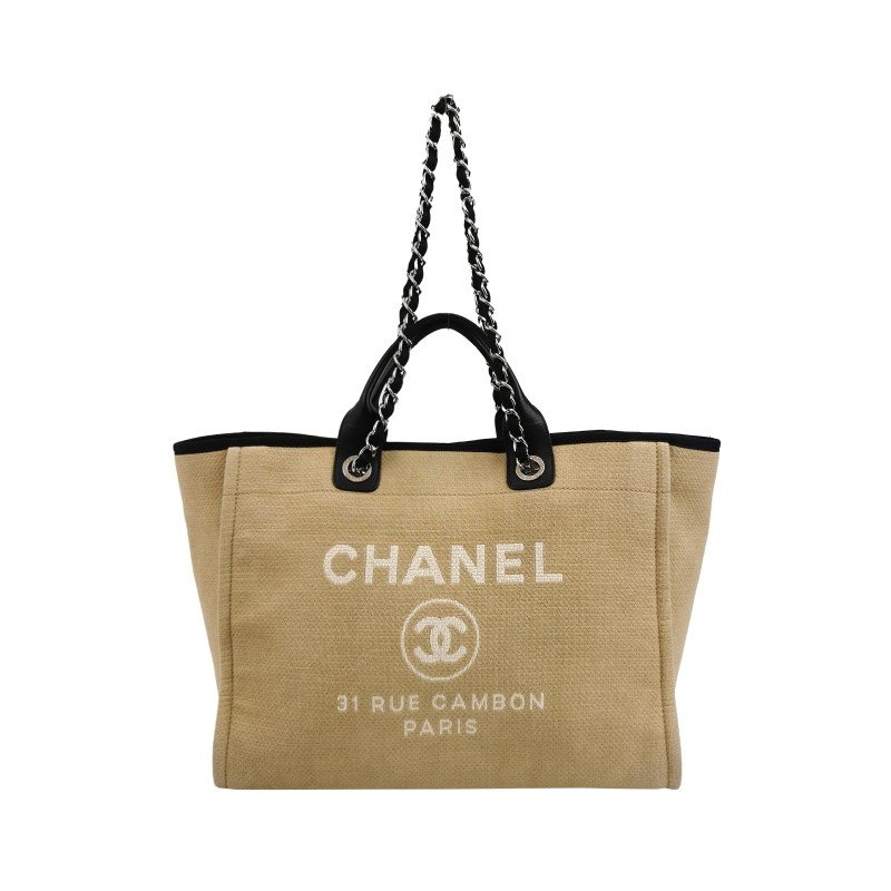 Chanel Deauville沙灘包大號牛皮帆布拼色大Logo字母單肩包-0