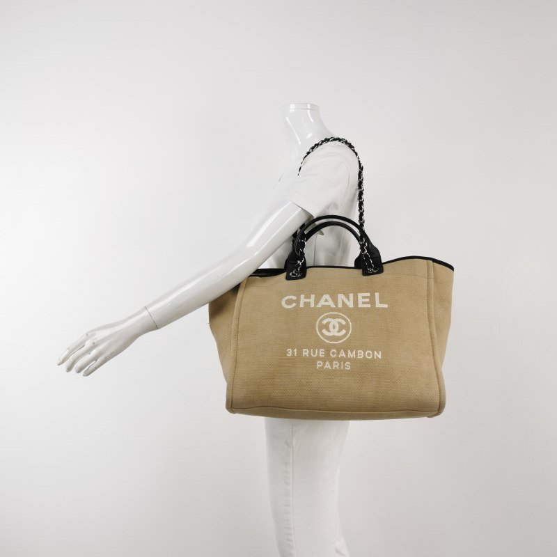 Chanel Deauville沙灘包大號牛皮帆布拼色大Logo字母單肩包-1