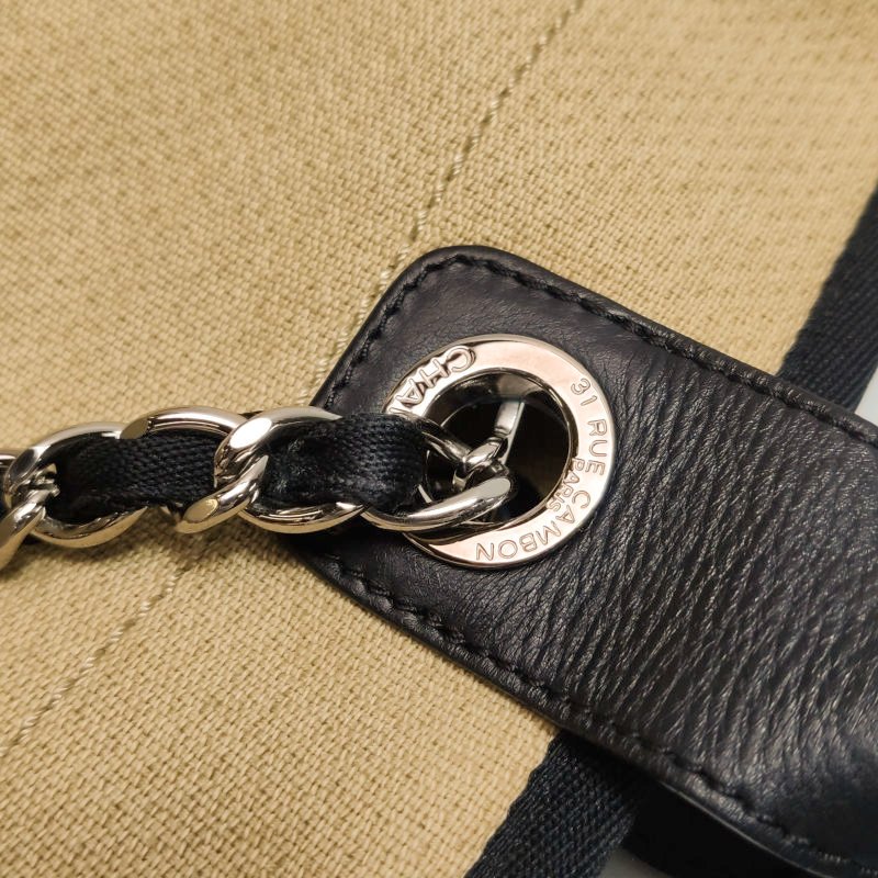 Chanel Deauville沙灘包大號牛皮帆布拼色大Logo字母單肩包-10