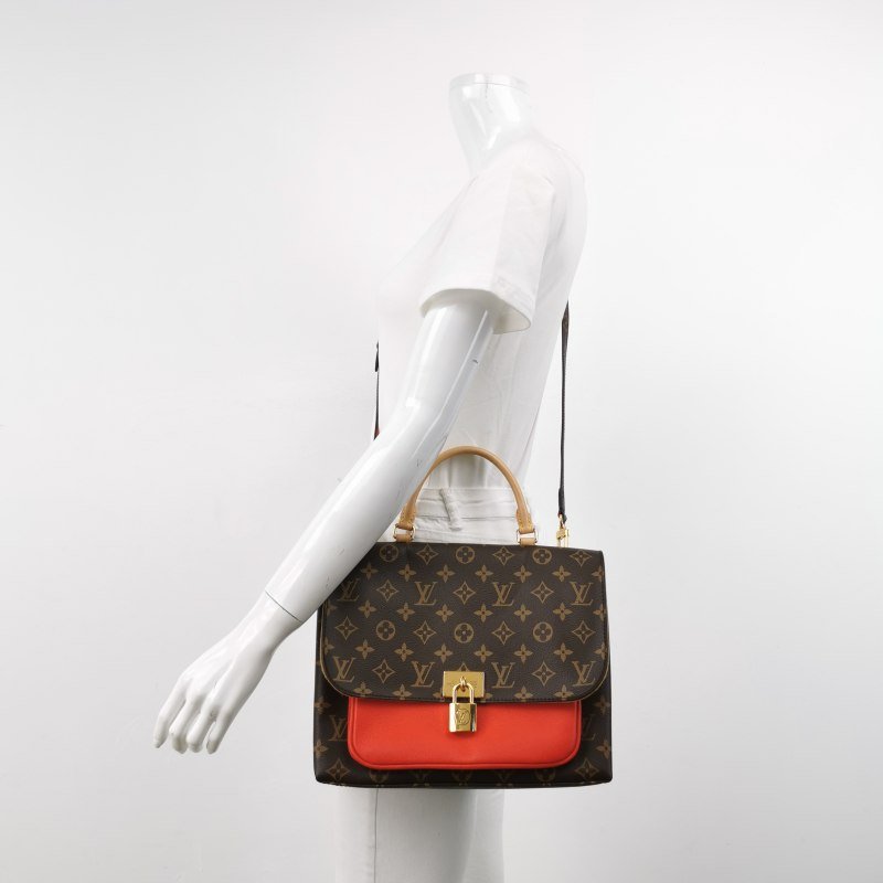 Louis Vuitton(LV)Marignan牛皮植鞣革老花拼皮鎖頭扣斜挎包單肩包晶片款-1