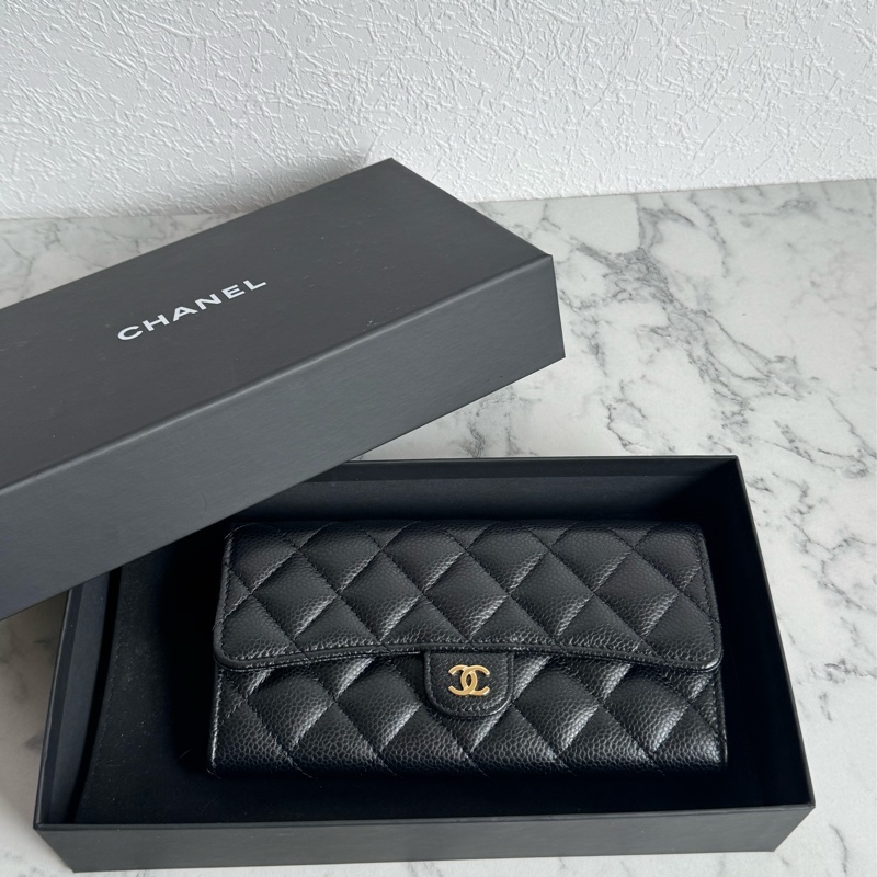 Chanel黑荔枝金雙C釦式長夾 經典款❤️-0