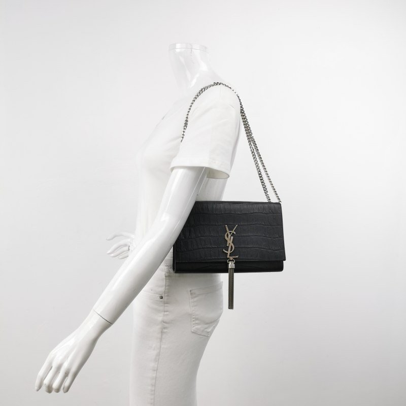 Saint Laurent Kate凱特包中號牛皮純色鱷魚紋YSL標誌流蘇單肩包-1