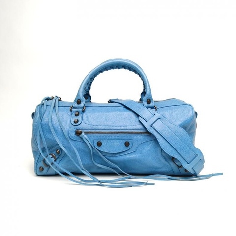 BALENCIAGA 藍色羊皮鎢鋼扣機車包肩背包