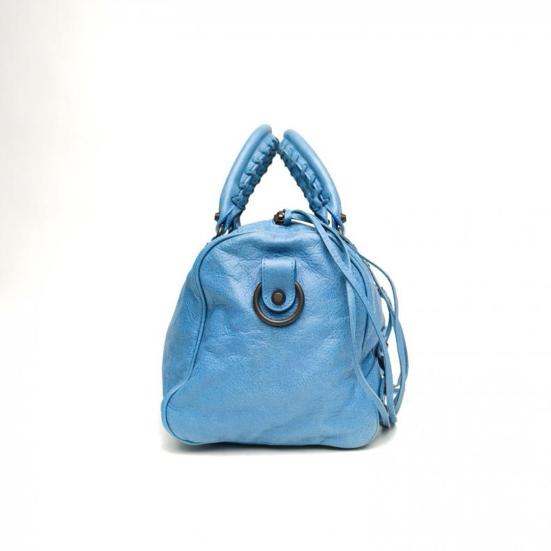 BALENCIAGA 藍色羊皮鎢鋼扣機車包肩背包-1