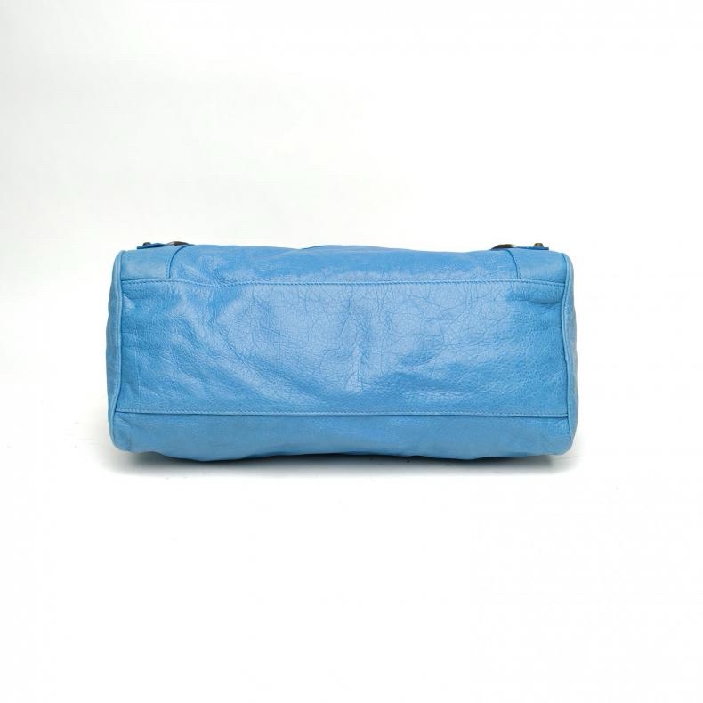 BALENCIAGA 藍色羊皮鎢鋼扣機車包肩背包-3