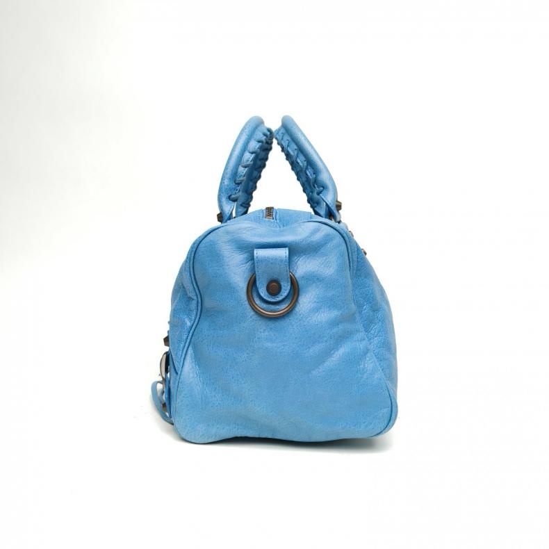 BALENCIAGA 藍色羊皮鎢鋼扣機車包肩背包-4