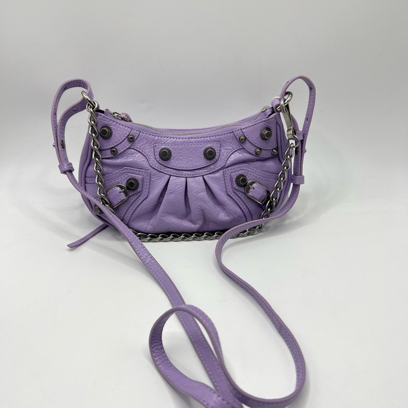 Balenciaga/巴黎世家Le Cagole mini紫色油蜡皮 鳄鱼压纹牛皮粉色腋下机车包mini 超辣怎么搭配都好看～20*13cm-0