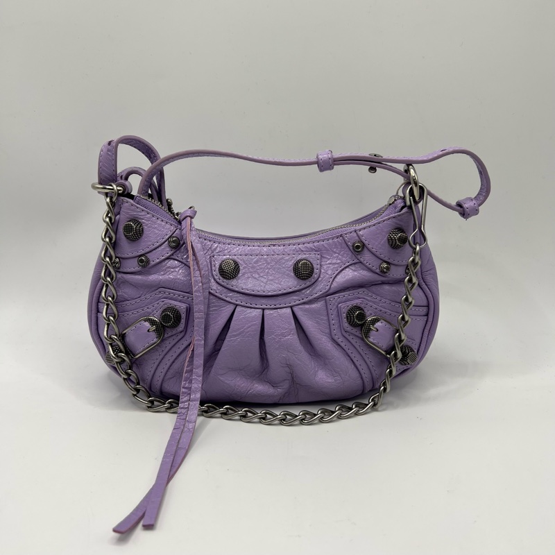 Balenciaga/巴黎世家Le Cagole mini紫色油蜡皮 鳄鱼压纹牛皮粉色腋下机车包mini 超辣怎么搭配都好看～20*13cm-1