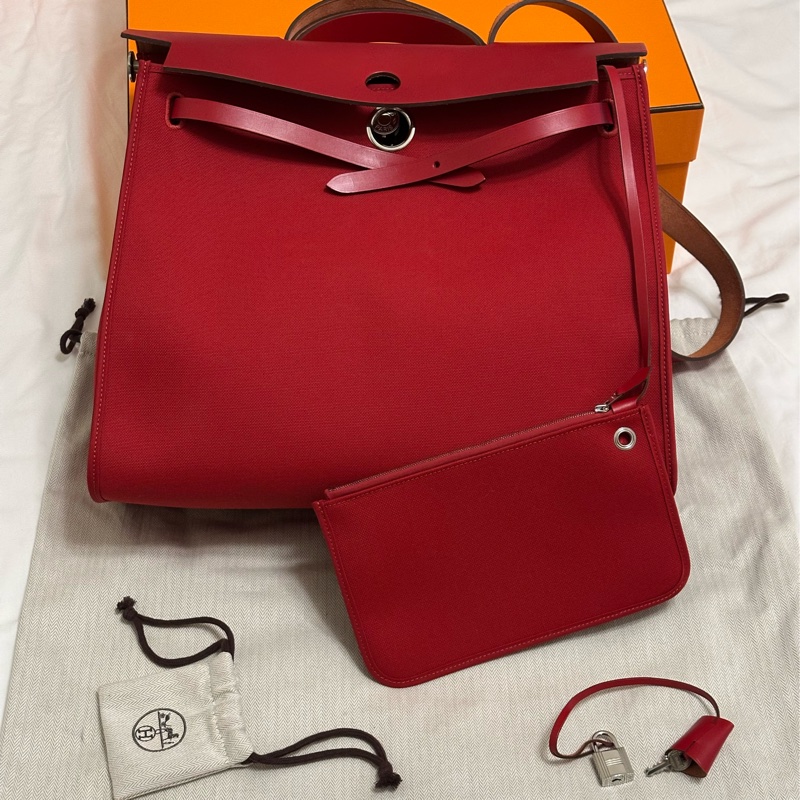 Hermès 愛馬仕 HerBag 31 （D刻/石榴紅/銀扣） 手提/肩背兩用包-0