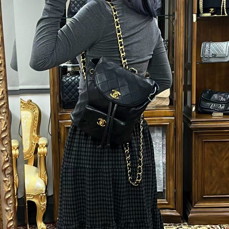 「JL精品代購」香奈兒黑金羊皮duma雙肩包-1