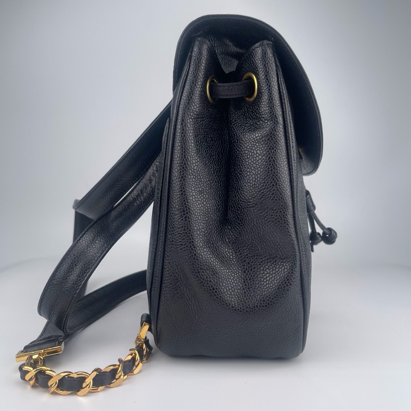 「JL精品代購」香奈兒黑金牛皮書包扣抽繩雙肩背包 -4