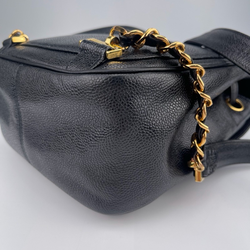 「JL精品代購」香奈兒黑金牛皮書包扣抽繩雙肩背包 -8