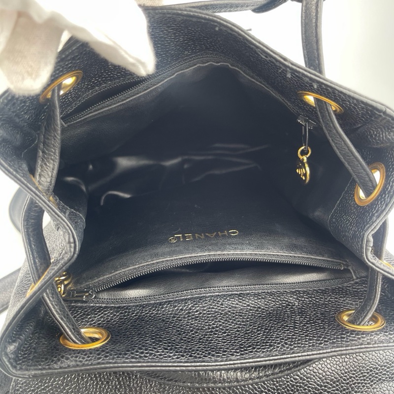 「JL精品代購」香奈兒黑金牛皮書包扣抽繩雙肩背包 -12