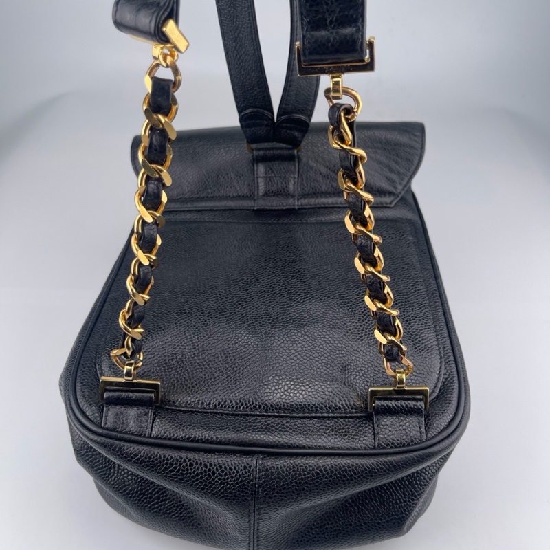 「JL精品代購」香奈兒黑金牛皮書包扣抽繩雙肩背包 -14