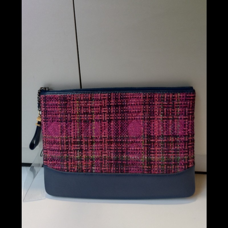 Chanel 深藍皮邊桃紅毛呢手拿包-2