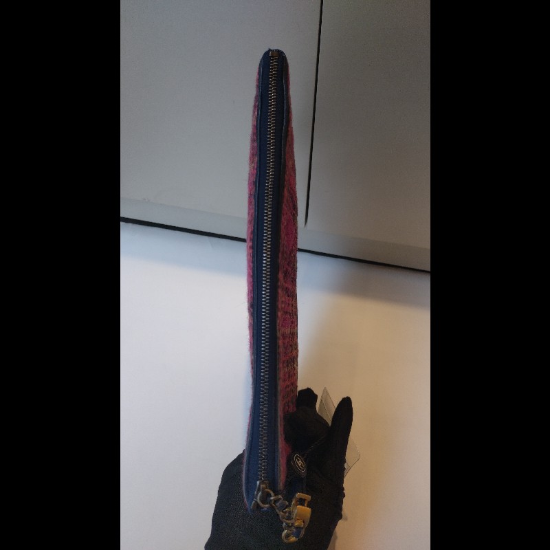 Chanel 深藍皮邊桃紅毛呢手拿包-5