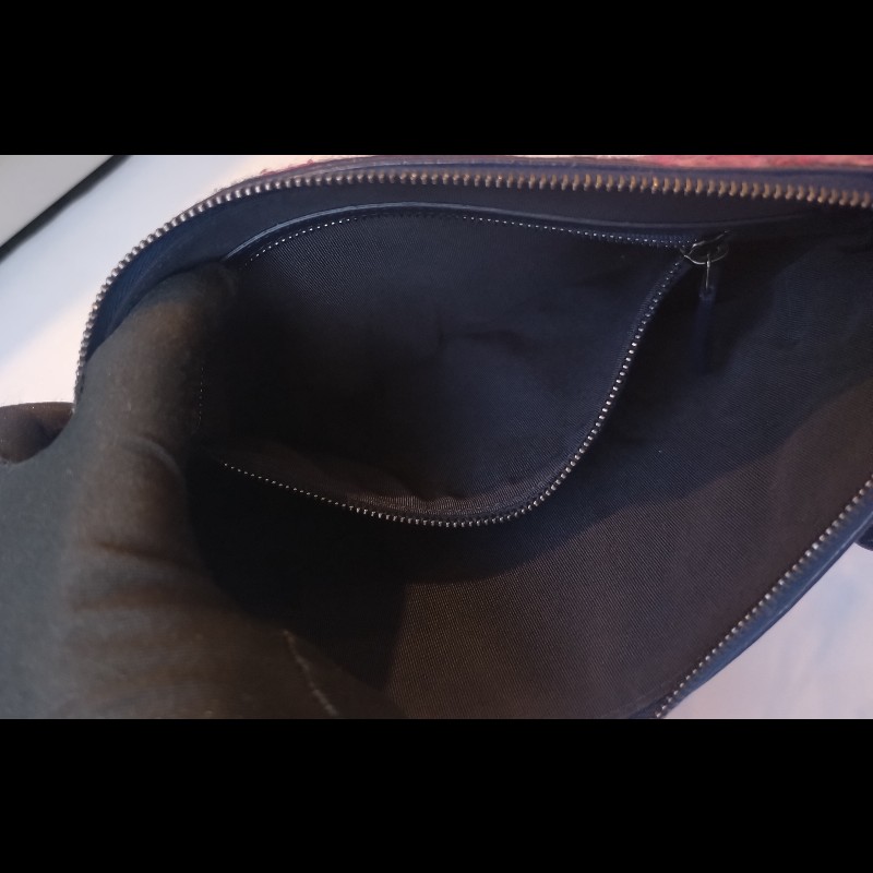 Chanel 深藍皮邊桃紅毛呢手拿包-14