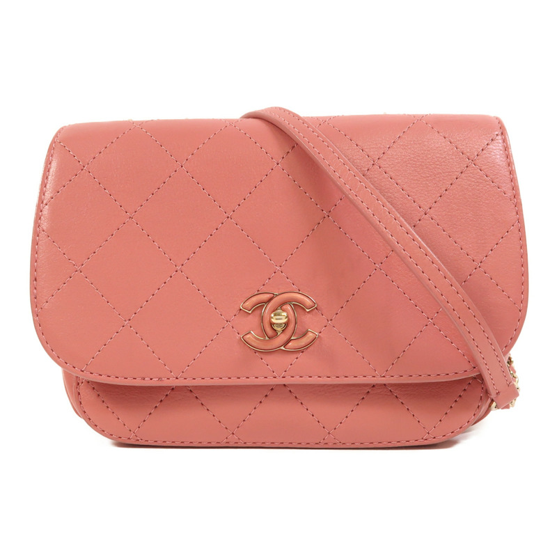 CHANEL 牛皮皮革Chain Shoulder金扣鏈帶肩背袋-0