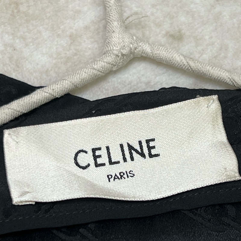 CELINE 黑色真絲中長裹身連身裙 - Triompe提花面料，荷葉邊領-3
