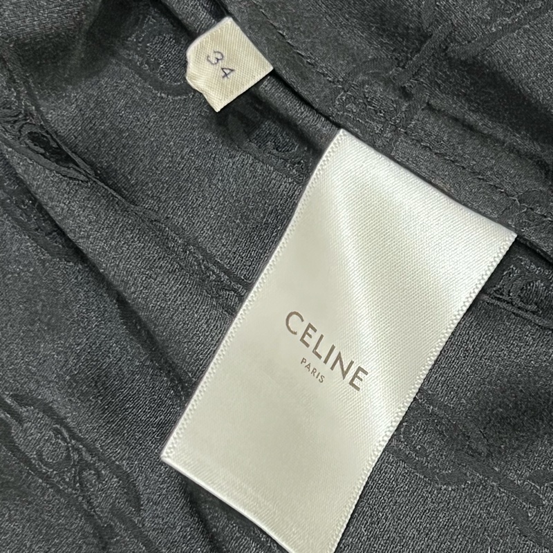CELINE 黑色真絲中長裹身連身裙 - Triompe提花面料，荷葉邊領-4