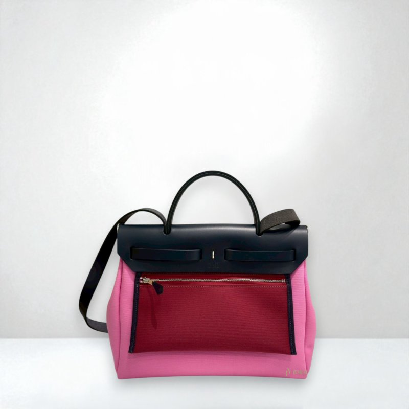 JS0379-Hermes 泡泡糖粉/寶石紅銀釦帆布Herbag 31-1