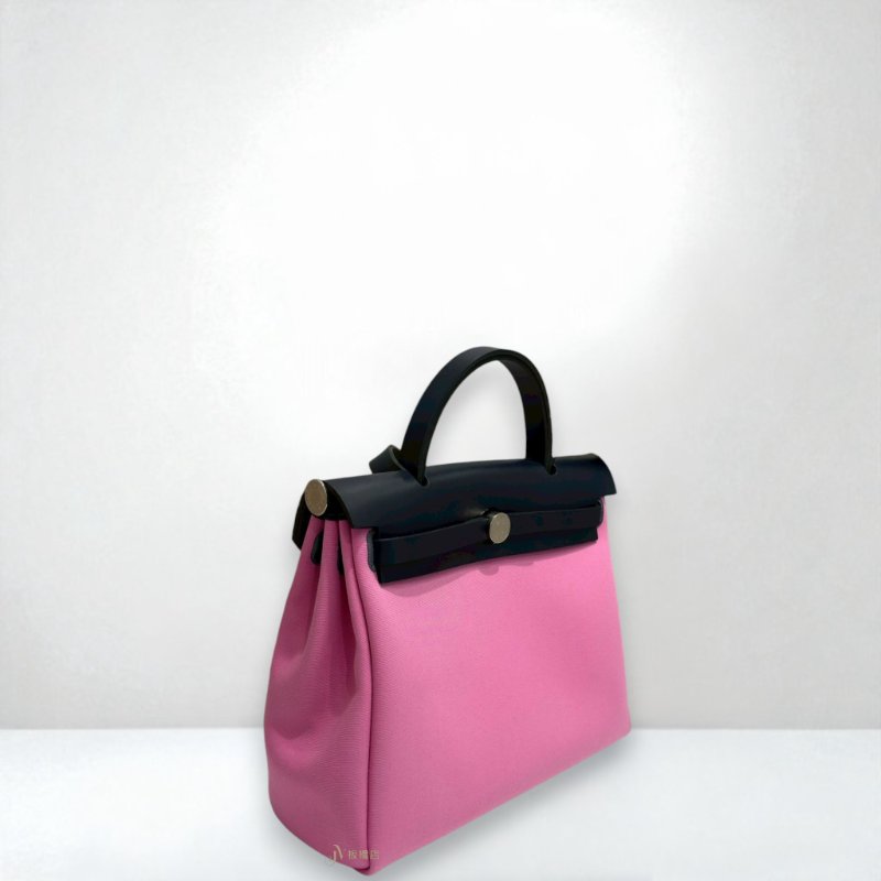 JS0379-Hermes 泡泡糖粉/寶石紅銀釦帆布Herbag 31-3
