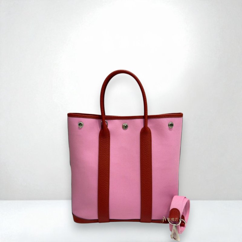 JS0443-Hermes AB粉帆布磚紅Negonda皮GardenFile28手提托特包H080124-0