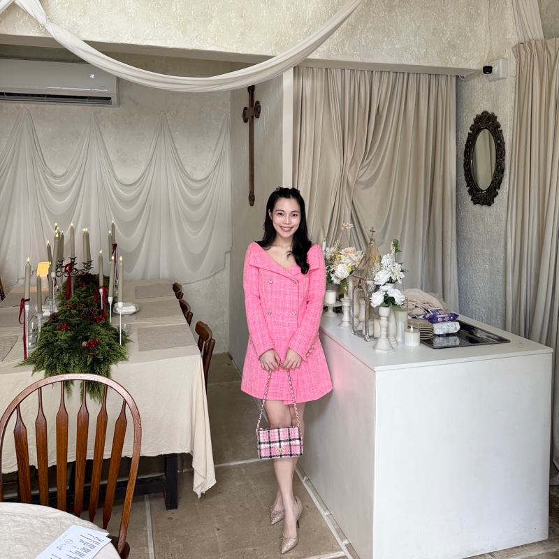 Chanel 24SS 粉色格紋毛呢 mini CF 20公分 可休閒可正式-2