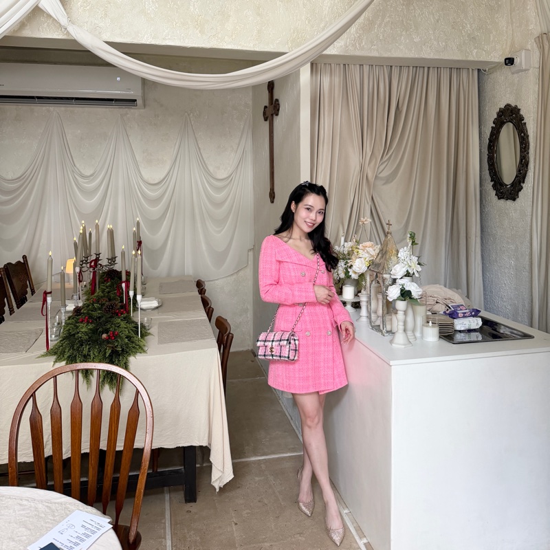 Chanel 24SS 粉色格紋毛呢 mini CF 20公分 可休閒可正式-3