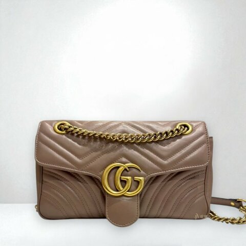 JS0835-Gucci Marmont裸粉色金釦中號下蓋斜背包443497